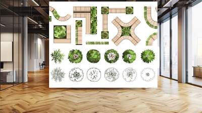 Top view elements for the landscape design plan. Trees and benches for architectural floor plans. Entourage design. Various trees, bushes, and shrubs. Vector illustration. Wall mural