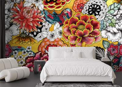  Seamless asian traditional patterns. Japanese painted flowers peonies, chrysanthemums, dahlias Wall mural