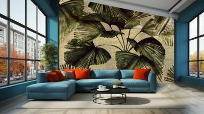 Seamless pattern with round fan-shaped palm leaves. Stock illustration Wall mural