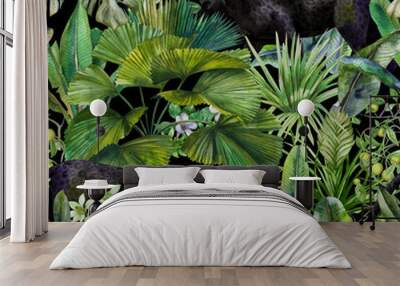 Tropical leaves, panther and orchid. Seamless vintage pattern. Wallpapers with tropical flowers and leaves Wall mural