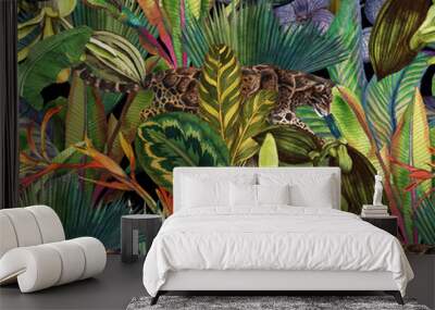 Tropical pattern with clouded leopard and tropical flowers. Seamless pattern with orchids and wild cat. Wall mural