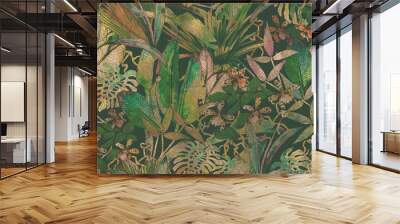 Tropical seamless pattern with tropical flowers, banana leaves. Wall mural