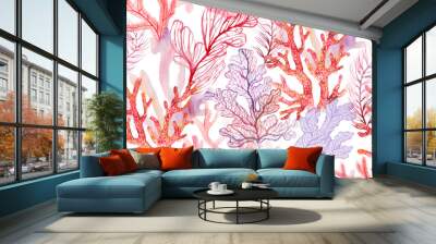 Watercolor corals. Seamless pattern with the underwater world Wall mural