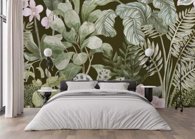 Watercolor floral seamless pattern with home tropical plants. Floral background Wall mural