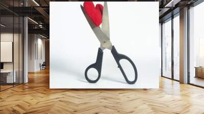 Metal scissors with a handle made of black plastic cut it a red heart made of wool on a light background Wall mural