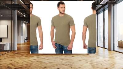 A handsome muscular guy in a brown t shirt. Mockup of a template of a brown man's t-shirt on a white background. Front view, rear view.  Wall mural