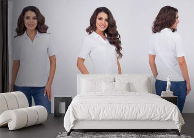 Beautiful girl in a t-shirt of white color. Front view, look behind, side view. T-shirt template Wall mural