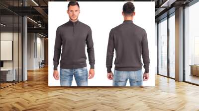 Man in grey sweatshirt on white background. Front view, back view Wall mural