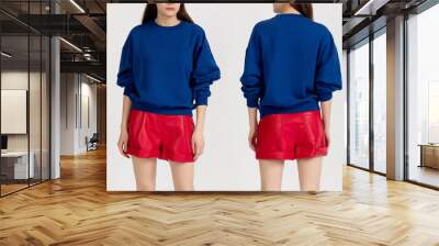 Template of a women's sweatshirt of blue color (front and back views). White background Wall mural