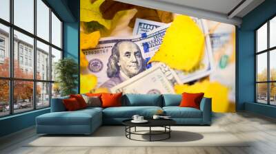 Dollars banknotes with yellow autumn leaves, close up Wall mural