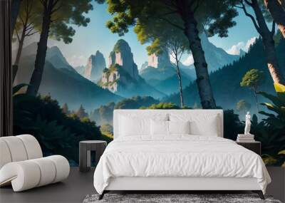 Landscape, green summer jungle in the mountains. Generative AI Wall mural