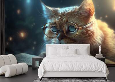 a cat in glasses reads a book. Generative AI Wall mural