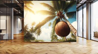 a coconut on a palm tree on the ocean shore. Generative AI Wall mural