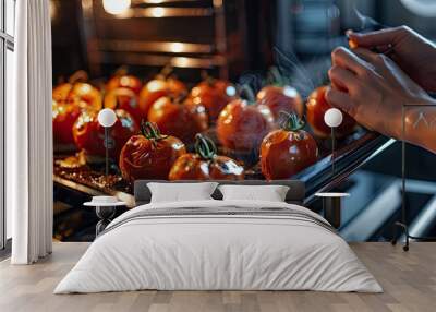 a woman takes tomatoes out of the oven. selective focus Wall mural