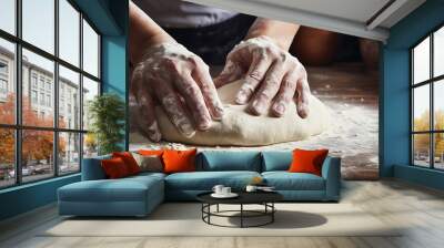 An experienced chef in a professional kitchen prepares dough with flour for cooking. Generative AI Wall mural