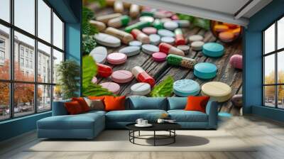 Assorted pills close-up. Selective focus Wall mural