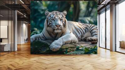 beautiful big white tiger on jungle background Wall mural