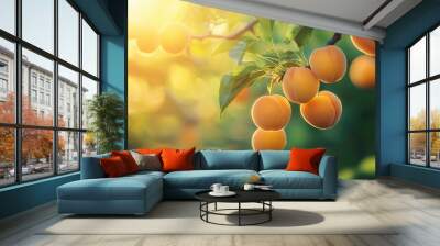 beautiful ripe apricots on a branch. Selective focus Wall mural