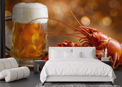 beer and crayfish on the table close-up Wall mural