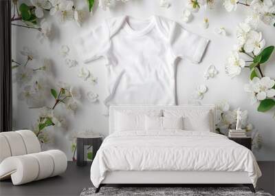 children's white clothes and flowers top view. selective focus Wall mural