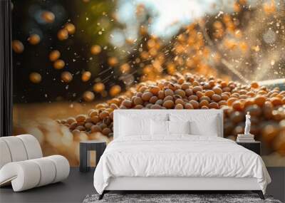 close-up of a harvester harvesting soybeans. Selective focus Wall mural