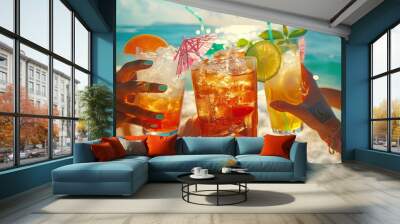 close-up of cocktails in hands on the background of the beach. Selective focus Wall mural