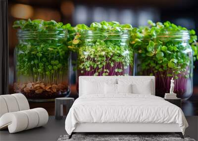 close-up of microgreens growing in glass jars.Generative AI Wall mural