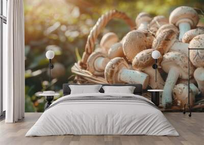 close-up of mushrooms on the background of nature. Selective focus Wall mural