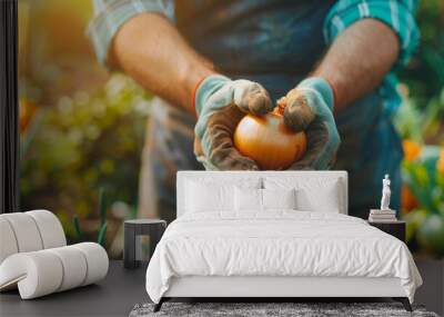 farmer harvests onions close-up Wall mural