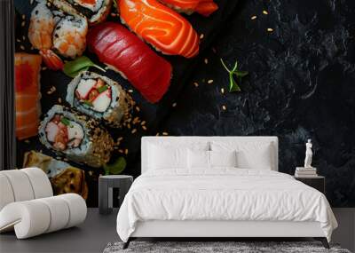 Fresh delicious Japanese sushi on a dark background. sushi, rolls Wall mural