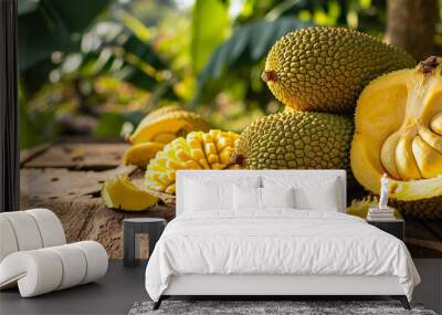 Fresh tropical jackfruit in a box on a wooden table Wall mural