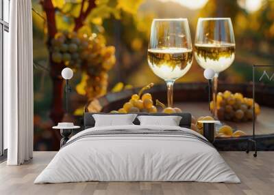 glasses with wine on the background of a vineyard. Selective focus Wall mural