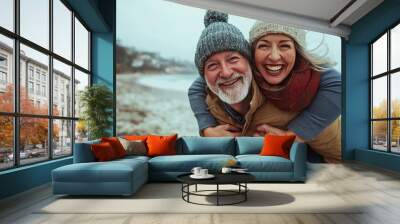 happy elderly man and woman on the beach. Selective focus Wall mural