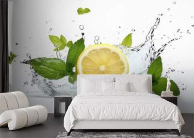 lemon, lemonade with splashes of water on a white background. Generative AI Wall mural