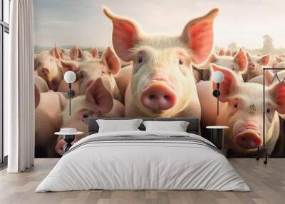 many pigs on the farm are looking at the camera.pig farm Wall mural