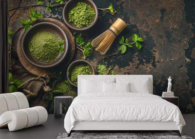 Matcha tea powder in a wooden plate on dark background Wall mural