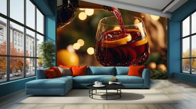 pour mulled wine into a glass. Selective focus Wall mural