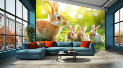 rabbits on a background of green grass. Selective focus Wall mural