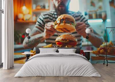 the man is eating a burger. selective focus Wall mural