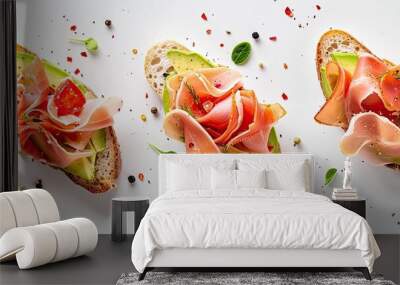 Turkey ham bruschetta on sliced avocado on a white background Wall mural