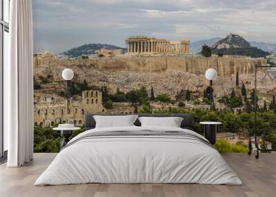 Greece Acropolis ancient temple reconstruction concept photography Athens city view in cloudy panoramic foreshortening  Wall mural