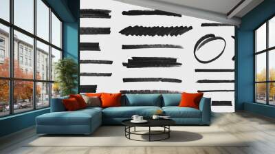 Realistic Rough Black Marker Brush Ink Line Stroke Set Isolated Collection. Grunge Paper Texture. Wall mural