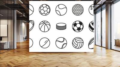 Sports Balls Minimal Flat Line Vector Icon Set. Soccer, Football, Tennis, Golf, Bowling, Basketball, Hockey, Volleyball, Rugby, Pool, Baseball, Ping Pong Wall mural