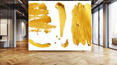 Real watercolor gold paint smear stroke stain. Abstract gold glittering textured background. Wall mural