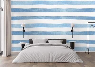 Watercolor blue stripes on white background. Nautical marine bac Wall mural