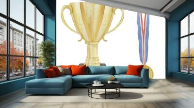 Watercolor hand drawn golden yellow sport prize cup and medal for winner, first place, victory isolated on white. Wall mural