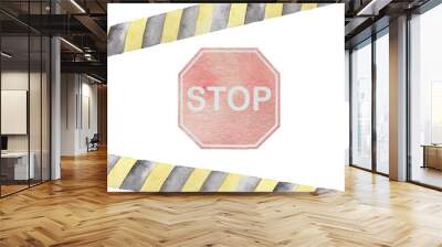 Watercolor road sign. Traffic sign illustration. Illustration of red and white priority sign Stop. Wall mural