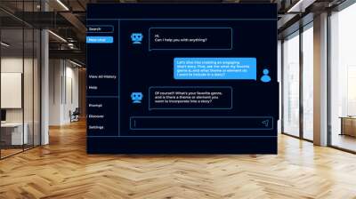 Chatting with artificial intelligence. Chat bot user interface in blue dark style with messages. Wall mural