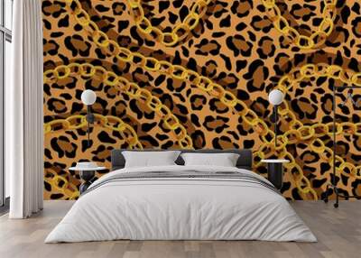 Cheetah skin with gold chains seamless pattern. Panther yellow spots with black jaguar scheme outlines in cheetah vector color. Wall mural