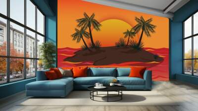 Evening island with palm trees surrounded by sea graphic vector illustration. Beautiful tropical seascape with big yellow sun background paradise beach at sunset Wall mural